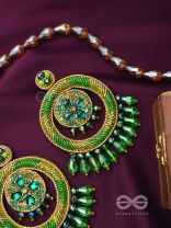 Sauparna- The Elegant Emerald- Stones and Glass Drops Embroidered Earrings