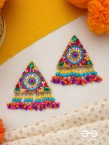 Tryashra- The Vibrant Triangle- Stones, Sequins and Resham Embroidered Stud Earrings