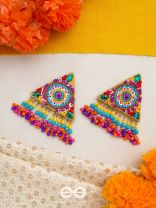 Tryashra- The Vibrant Triangle- Stones, Sequins and Resham Embroidered Stud Earrings