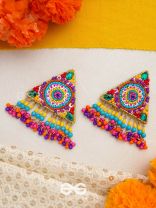 Tryashra- The Vibrant Triangle- Stones, Sequins and Resham Embroidered Stud Earrings