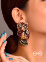 Krushika- The Majestic Owl- Stones, Resham and Sequins Embroidered Earrings