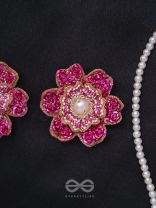 PADMARAGA - THE PINK SAPPHIRE - METAL FLOWER AND PEARL EMBROIDED  EARRINGS