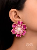 PADMARAGA - THE PINK SAPPHIRE - METAL FLOWER AND PEARL EMBROIDED  EARRINGS