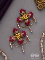CHAARVI - THE BEAUTIFUL AND ELEGANT - PINK AND GOLD EMBROIDED  EARRINGS WITH METAL FLOWERS