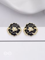 DEW DROPPED PEONIES - GOLDEN ENAMELLED STUDS (BLACK)