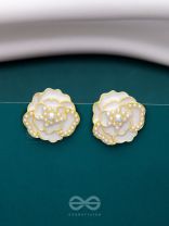 DEW DROPPED PEONIES - GOLDEN ENAMELLED STUDS (WHITE)