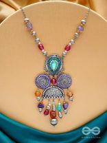 CHITRAVARNA - THE COLORFUL CHARMS - STONE AND GLASS DROPS EMBROIDERED AND OXIDISED NECKPIECE (MULTICOLOR)