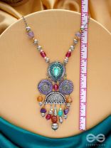 CHITRAVARNA - THE COLORFUL CHARMS - STONE AND GLASS DROPS EMBROIDERED AND OXIDISED NECKPIECE (MULTICOLOR)