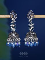 The Tinsel Swirls - Beaded Oxidised Jhumka Earrings (Blue)