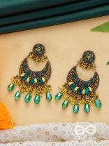 Sajivika - The Lively Dreamdrops - Beads And Glass Drops Hand Embroidered Earrings (Green & Golden)