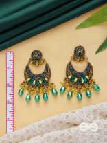 Sajivika - The Lively Dreamdrops - Beads And Glass Drops Hand Embroidered Earrings (Green & Golden)