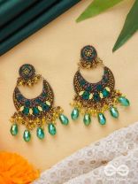 Sajivika - The Lively Dreamdrops - Beads And Glass Drops Hand Embroidered Earrings (Green & Golden)