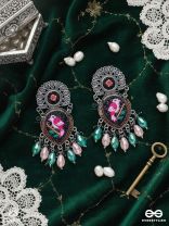VIHANGIKA - FEATHERED FLIGHT ELEGANCE - STONE, GLASS DROPS AND RESHAM EMBROIDERED AND OXIDISED EARRINGS
