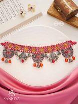 Prasvap - The Dusk Dream - Resham, Beads And Glass Drops Hand Embroidered Oxidised Choker Neckpiece