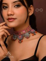 Prasvap - The Dusk Dream - Resham, Beads And Glass Drops Hand Embroidered Oxidised Choker Neckpiece