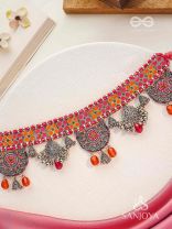 Prasvap - The Dusk Dream - Resham, Beads And Glass Drops Hand Embroidered Oxidised Choker Neckpiece