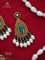Haritparna - Green Leaved - Stone, Cutdana And Beads Hand Embroidered Earrings