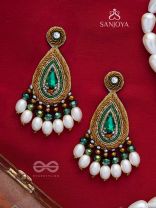 Haritparna - Green Leaved - Stone, Cutdana And Beads Hand Embroidered Earrings