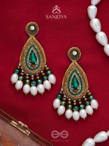Haritparna - Green Leaved - Stone, Cutdana And Beads Hand Embroidered Earrings