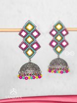 Vasantak - The Vibrant Kites- Mirrors, Resham And Beads Hand Embroidered Oxidised Jhumka Earrings