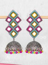 Vasantak - The Vibrant Kites- Mirrors, Resham And Beads Hand Embroidered Oxidised Jhumka Earrings