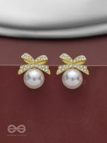 BOW-DAZZLE PEARLS - GOLDEN AND WHITE EMBELLISHED EARRINGS
