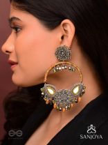 Haarin- The Divine Deer- Resham, Mirror And Glass Drops Hand Embroidered Oxidised Earrings