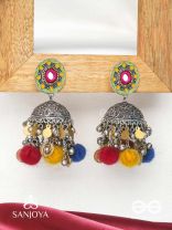 Asusama - Hues Of Happiness - Mirror And Coins Hand Embroidered Oxidised Jhumka Earrings