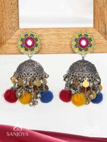 Asusama - Hues Of Happiness - Mirror And Coins Hand Embroidered Oxidised Jhumka Earrings