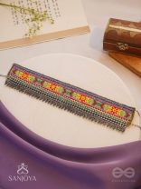 Aatpavat - The Sunlit Field - Resham And Beads Hand Embroidered Oxidised Lace Choker Neckpiece