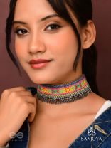 Aatpavat - The Sunlit Field - Resham And Beads Hand Embroidered Oxidised Lace Choker Neckpiece
