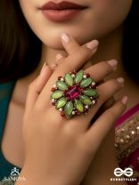Ardramanjari - The Fresh Bloom - Stones And Beads Hand Embroidered Ring (Adjustable)