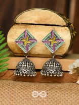 The Dazzled Chakravyuh- Enamelled Oxidised Jhumka Earrings