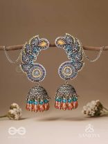 Kalaap- The Peacock's Tail- Beads And Glass Drops Hand Embroidered Oxidised Jhumka Earrings