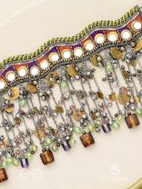 Dhaanshri- The Entrancing Music- Mirror, Beads And Coins Hand Embroidered Oxidised Choker Neckpiece