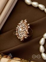 Atimukta- The Pearly Proposal- Pearl And Beads Hand Embroidered Golden Ring (Adjustable)