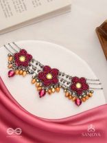 Sumanas - The Burgundy Flowers - Mirror, Resham, Dabka And Glass Drops Hand Embroidered Oxidised Choker Neckpiece