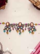 Bhramaparna - The Spell Of Stones - Stones, Mirror, Coins And Glass Drops Hand Embroidered Oxidised Choker Neckpiece