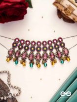 Vashikrit - The Hypnotic Tiers - Mirror, Stones, Coins And Glass Drops Hand Embroidered Oxidised Choker Neckpiece
