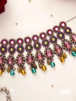 Vashikrit - The Hypnotic Tiers - Mirror, Stones, Coins And Glass Drops Hand Embroidered Oxidised Choker Neckpiece