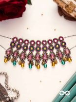 Vashikrit - The Hypnotic Tiers - Mirror, Stones, Coins And Glass Drops Hand Embroidered Oxidised Choker Neckpiece