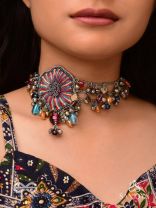 Shaleenta - The Shy Posy - Resham, Dabka And Glass Drops Hand Embroidered Oxidised Choker Neckpiece