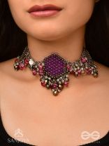Sukhodaye - The Wine Honeycomb - Beads And Glass Drops Hand Embroidered Oxidised Choker Neckpiece