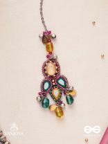 Prashman - The Calming Beauty - Stones, Mirror, Coins And Glass Drops Hand Embroidered Oxidised Maangtika