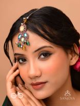 Prashman - The Calming Beauty - Stones, Mirror, Coins And Glass Drops Hand Embroidered Oxidised Maangtika