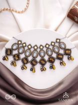 Haridhumra- The Amber Chestnut - Stones, Beads, Coins And Glass Drops Hand Embroidered Oxidised Neckpiece