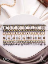 Gaaniya - The Musical Coast - Shells, Coins, Beads And Glass Drops Hand Embroidered Oxidised Choker Neckpiece