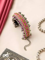 Shinjit - The Pastel Chimes - Resham And Beads Hand Embroidered Oxidised Cuff Bracelet