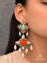 Kusumvat - The Blissful Flowers - Beads, Dabka And Pearl Drops Hand Embroidered Earrings