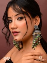 Girayah - Souvenirs Of The Nature - Beads And Glass Drops Hand Embroidered Oxidised Chain Earrings